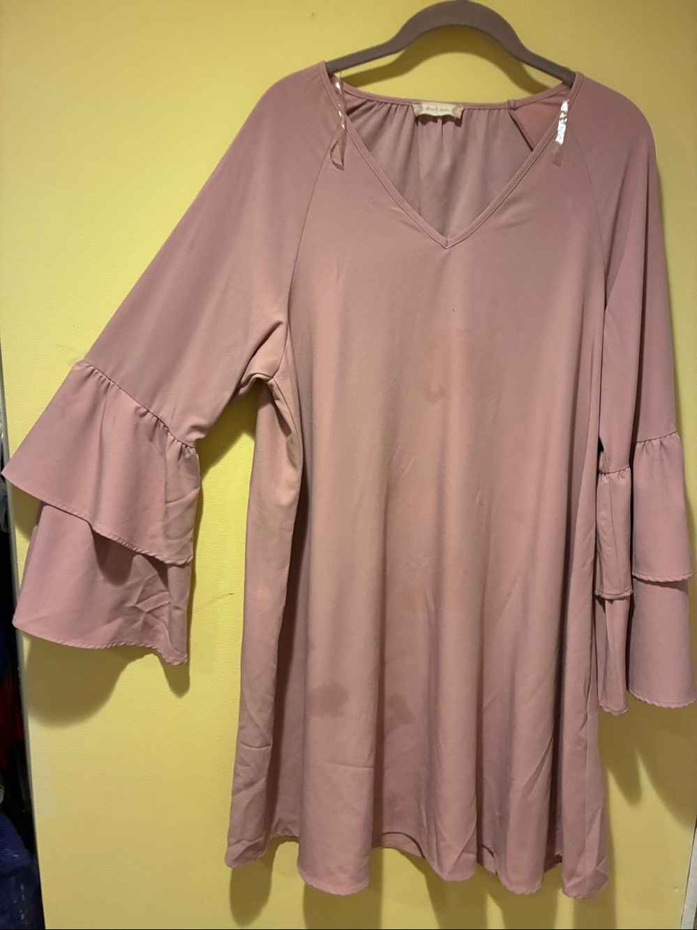 Fairy Core Rose Pink Ruffle Romantic Flounce SleeveV-Neck Lined Dress Sz L
